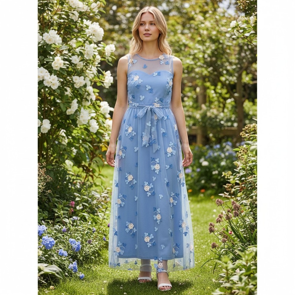 Adrianna Papell French Blue Floral Embroidered Halter Maxi Dress XL NWT